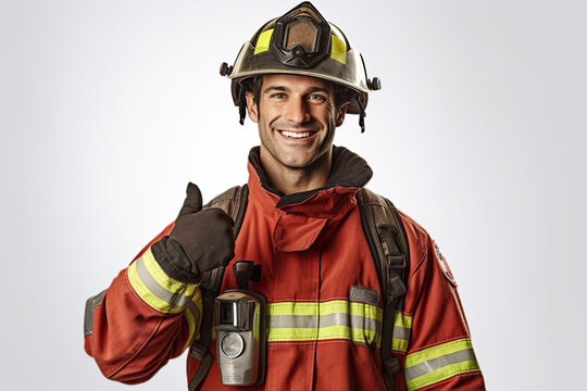 A man in a fireman's uniform giving a thumbs up. Generative AI.