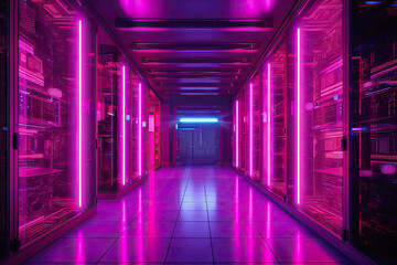 Fototapeta premium modern magenta colored server room, generative ai illustration