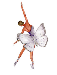 Obraz premium Watercolor dancing ballerina with butterfly. Lilac dresss ballerina. Picture for poster, invitation, postcard, background and posters