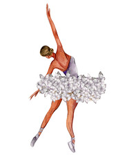 Watercolor dancing ballerina with butterfly. Lilac dresss ballerina. Picture for poster, invitation, postcard, background and posters © Leila