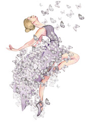 Watercolor dancing ballerina with butterfly. Lilac dresss ballerina. Picture for poster, invitation, postcard, background and posters © Leila