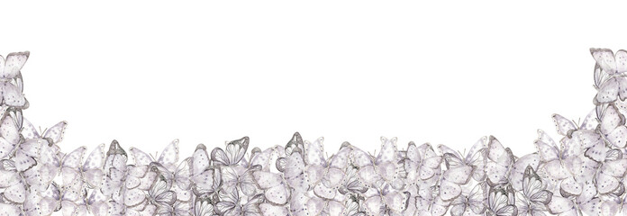Delicate lilac butterflies. Horizontal board, watercolor illustration. For the design and decoration of postcards, posters, stickers, wallpapers, banners, souvenirs.