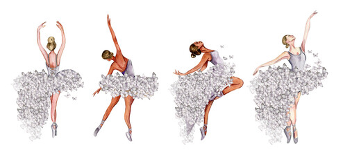 Watercolor dancing ballerina with butterfly and magnolia. Lilac dresss ballerina. Picture for poster, invitation, postcard, background and posters © Leila