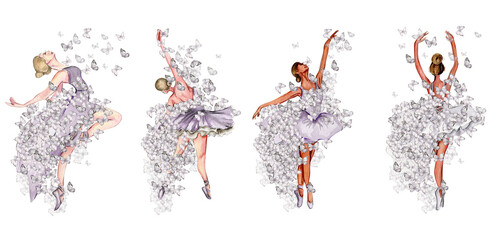 Watercolor dancing ballerina with butterfly and magnolia. Lilac dresss ballerina. Picture for poster, invitation, postcard, background and posters © Leila