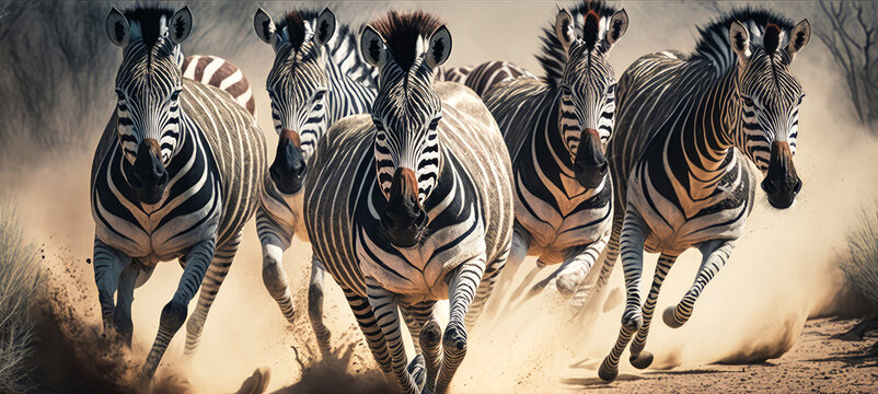 Captivating image of 5 fierce zebras charging towards the viewer in the African savanna, eliciting a sense of excitement and wonder - perfect for wildlife enthusiasts. Generative AI