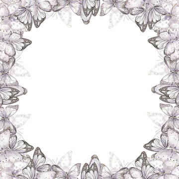 Delicate lilac butterflies square wreath. Watercolor illustration for scrapbooking, cards, backgrounds. Perfect for wedding invitation.