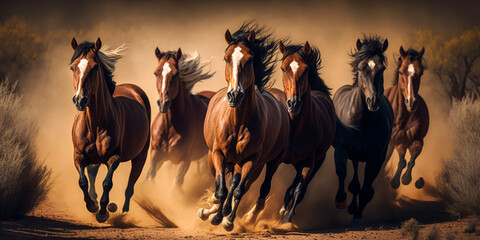 Spectacular image captures wild horses galloping through dust, exuding strength and beauty while evoking deep emotions – a uniquely enthralling sight to behold. Generative AI