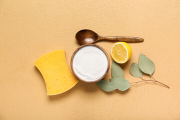 Bowl of baking soda, cleaning sponge, lemon and eucalyptus branch on color background