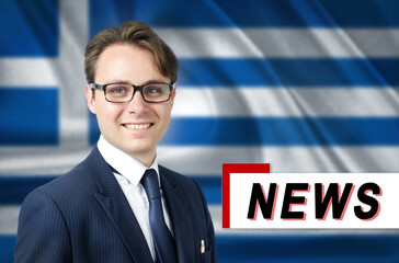 News anchor, tells the latest news, smiling, against the background of the flag of Greece