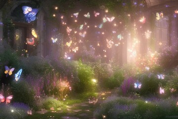 Fairy Lights and Butterflies in a glittering garden - generative ai