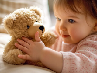 Cute toddler's hands reaching out to grasp a plush toy. The close-up shot focuses on the child's chubby fingers and the softness of the toy.