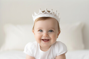 Cute Sweet Adorable Baby wearing bride dress and diadem Sitting on white bed smiling and playing with happiness emotional in cozy bedroom, Healthy happy Baby Concept. Generative AI