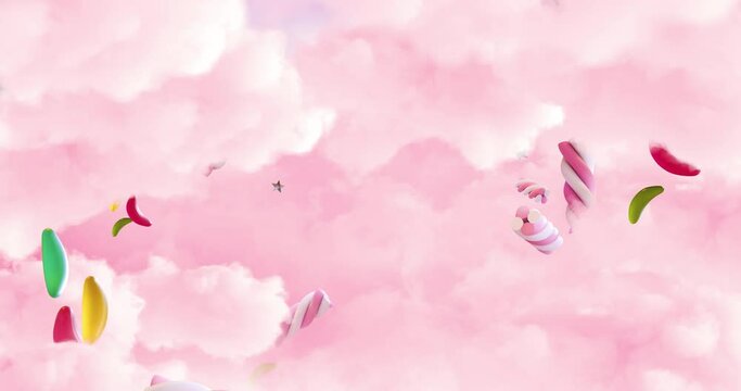 Animated background. Animated fly in to the sweet world with pink clouds and candies levitating around
