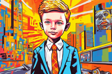 A kid acting a grownup business person, labor poster style