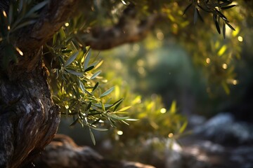 Close up of an olive tree branch with green olives in plantation.
