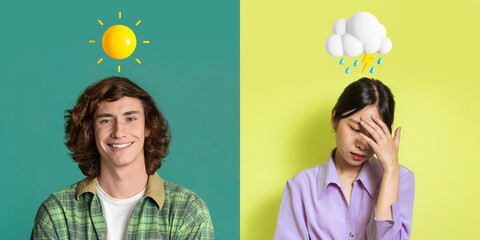 Contrasting Emotions. Portraits Of Happy Teen Guy And Upset Asian Woman