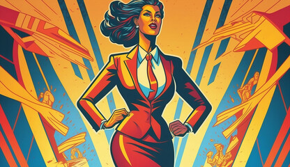 A confident businesswoman in propaganda poster style