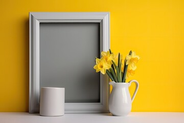 a gray mock up frame on a yellow background with copy space, a white ceramic vase with yellow daffodils in bloom, and. Generative AI