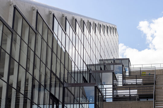 Cambridge, MA, USA - June 29, 2022: Architectural details of the Gund Hall, which houses the Harvard University Graduate School of Design, on the Harvard campus in Cambridge, Massachusetts.
