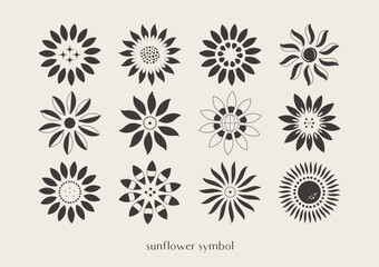 ひまわりのロゴマーク 夏の花のアイコンイラストセット（白黒）