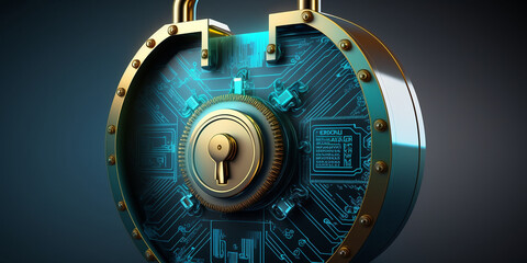 Cybersicherheit und Schutz privater Daten und Datenkonzept. Ein Schloss auf blauem Schaltkreis. Firewall vor Hackerangriffen