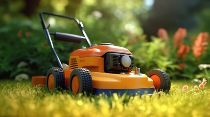 Mowing grass with lawn mower in the garden, garden work concept. Generative ai