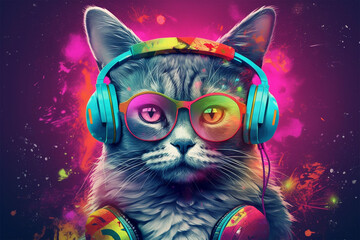 cat wearing full color headset generative ai