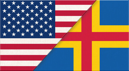 Flags of USA and Aland Islands. USA Aland Islands relations. Political concept