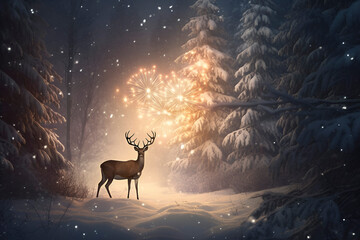 art with a magical forest deer with large golden horns, he stands in a fairy forest, behind him a huge tree shining with yellow divine light. New Year card. AI generated