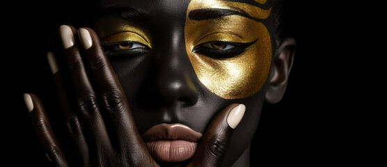 Fashion art. Beauty woman painted in black skin color body, gold makeup, lips, eyelids in gold color paint. Body art. Beauty gold metallic body, painted Skin. with copy space, digital ai