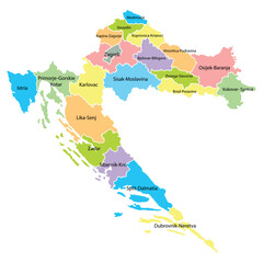 Croatia map background with regions, region names and cities in color. Croatia map isolated on white background. Vector illustration Europe