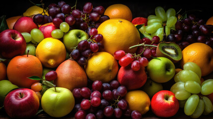Naklejka na ściany i meble Background of many different fruit including lemons, grapes, apples and oranges