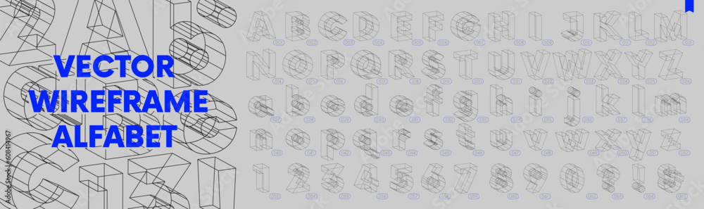 Fototapete collection of lowercase and uppercase letters and numbers, geometric wireframes vector 3d sans serif