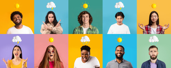 Emotional State. Portraits Of Diverse Multiethnic People With Good And Bad Mood
