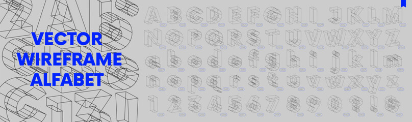 Collection of lowercase and uppercase letters and numbers, Geometric wireframes vector 3d sans serif bulk font, set of isometric alphabet inspired by brutalism, graphic design elements