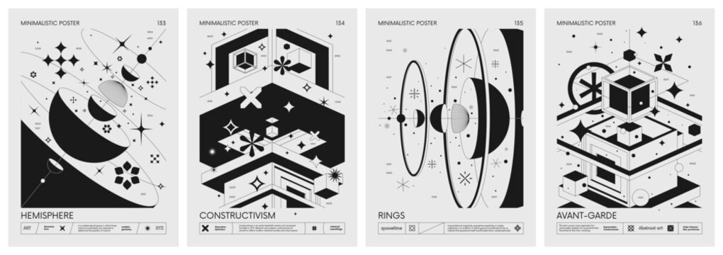 Futuristic retro vector minimalistic Posters with geometrical shapes various form, Abstract constructivism artwork composition inspired by brutalism in monochrome colors, set 34