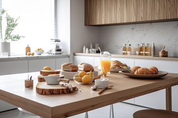 Fototapeta na wymiar a modern kitchen project in all white with a healthy breakfast and simple decor. Generative AI