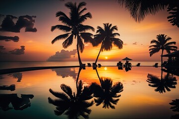 Summer beachfront hotel resort, tropical environment, outdoor luxury sunset over infinity pool swimming. Nice peaceful beach vacation backdrop. lovely sunset beach scene on an island Generative AI