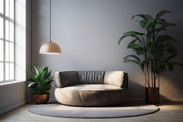 A little round sofa and a potted palm plant are in an empty room. Generative AI
