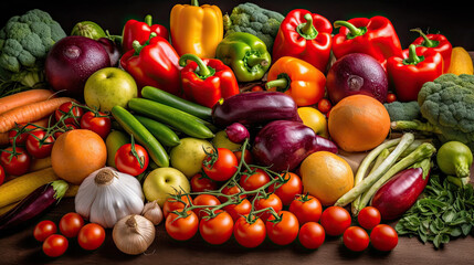 Composition with variety of raw organic vegetables on dark wooden table.