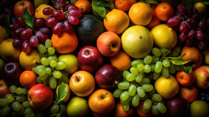 Fototapeta na wymiar Fresh fruits background. Blackberry, raspberry, orange, grapefruit, blackberry