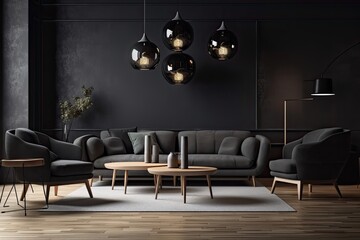 A large number of chairs and a wooden coffee table against a background of black colored sofa fabric. Generative AI
