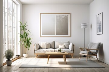 A modern, light filled room with an empty frame. Generative AI