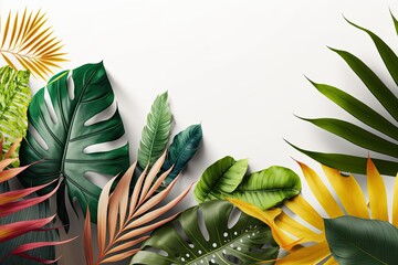 Layout with bright tropical foliage on a white backdrop. Summer unusual concept with limited copy space. Configuration of the boundary. Generative AI