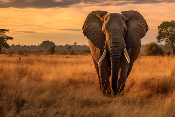 Obraz premium Elephant in African savannah on sunset, Generative AI