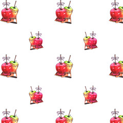 Watercolor Fruit caramel apple pattern on white background. Healthy vegan food. Delicious Organic food. Caramelized apples healthy eating.