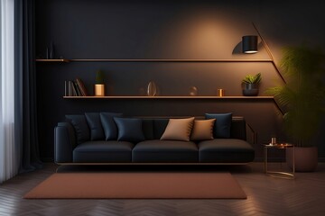 stylish dark living room interior with black sofa, modern interior background, empty black wall mockup, 3d illustration created with generative ai