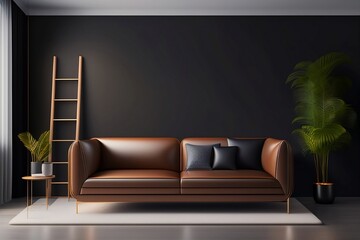 modern interior with light brown sofa and ladder shelf in modern living room and black mockup wall created with generative ai