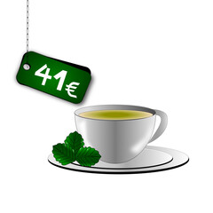 41 euro on green rectangle tag. Forty one euro white number. White cup of tea with three green mint leaf.