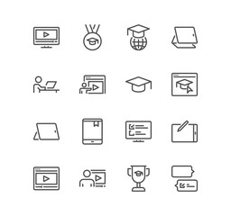Set of online education related icons, education plan, video tutorial, webinar, learning, graduation and linear variety symbols.